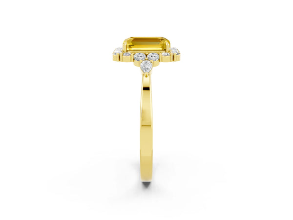 Yellow gold Emerald Cut Yellow Sapphire Halo Ring with Pear Side Stones and Prong Setting