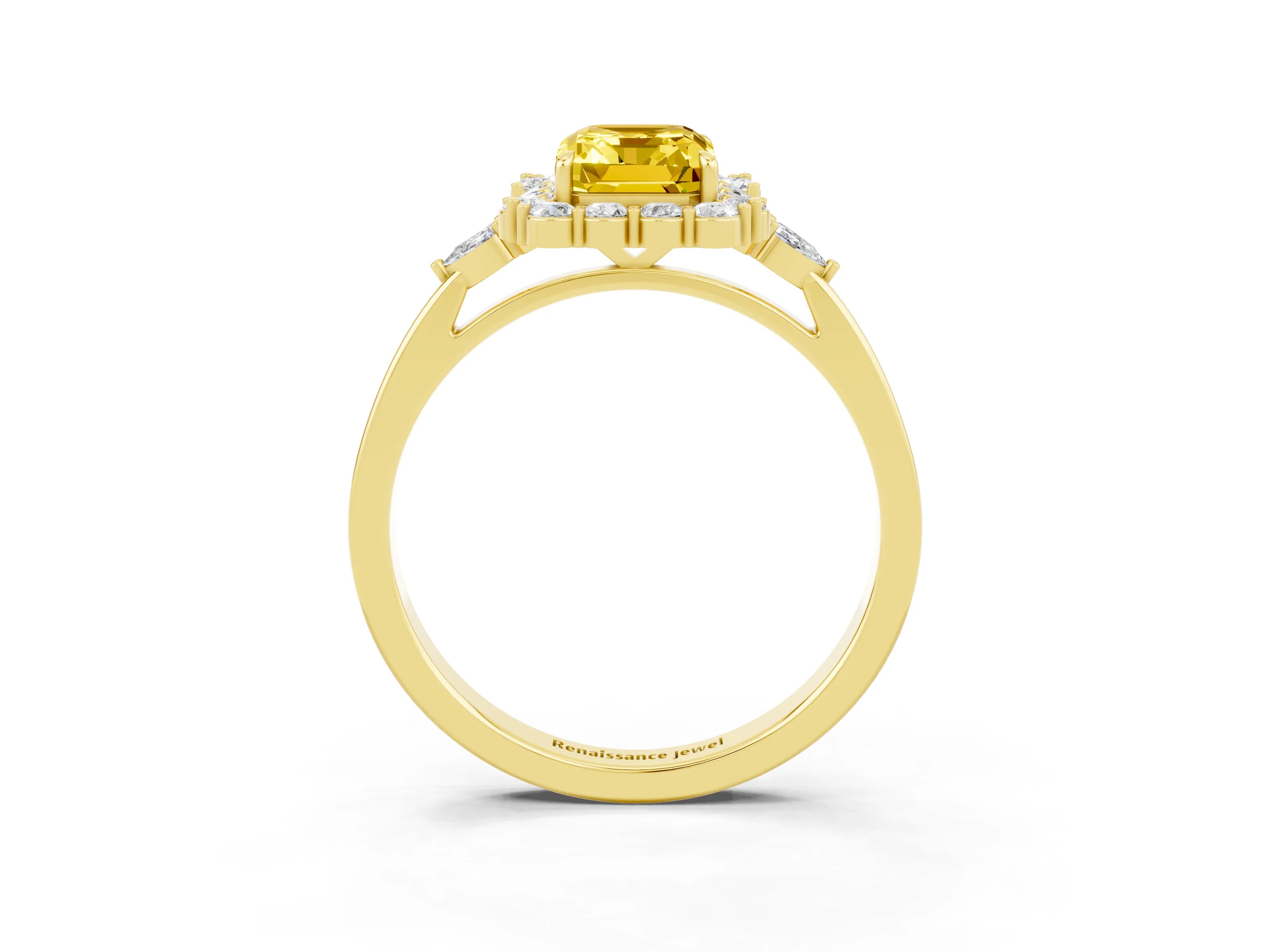 Yellow gold Emerald Cut Yellow Sapphire Halo Ring with Pear Side Stones and Prong Setting_15
