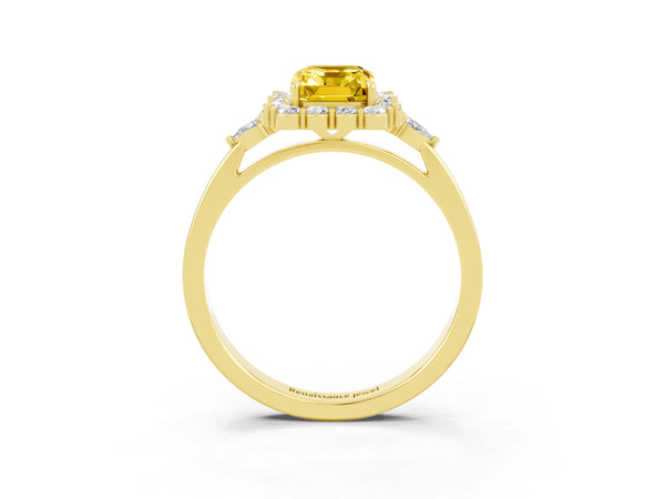 Yellow gold Emerald Cut Yellow Sapphire Halo Ring with Pear Side Stones and Prong Setting