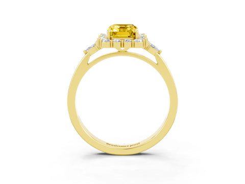 Yellow gold Emerald Cut Yellow Sapphire Halo Ring with Pear Side Stones and Prong Setting_15