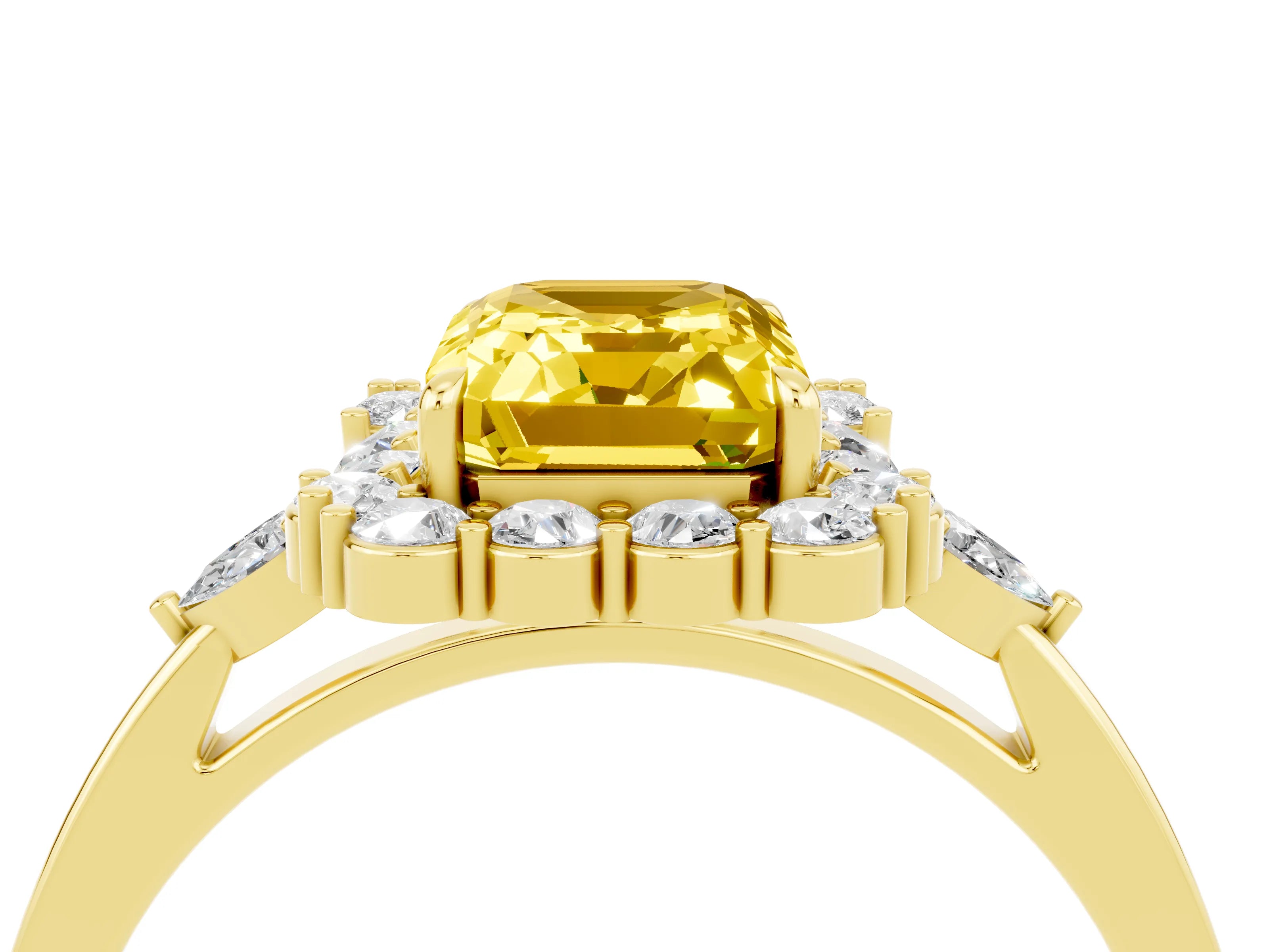 Yellow gold Emerald Cut Yellow Sapphire Halo Ring with Pear Side Stones and Prong Setting_16