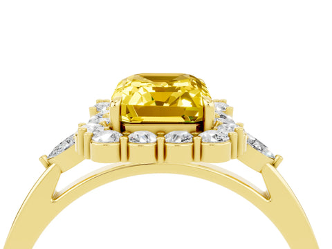 Yellow gold Emerald Cut Yellow Sapphire Halo Ring with Pear Side Stones and Prong Setting_16