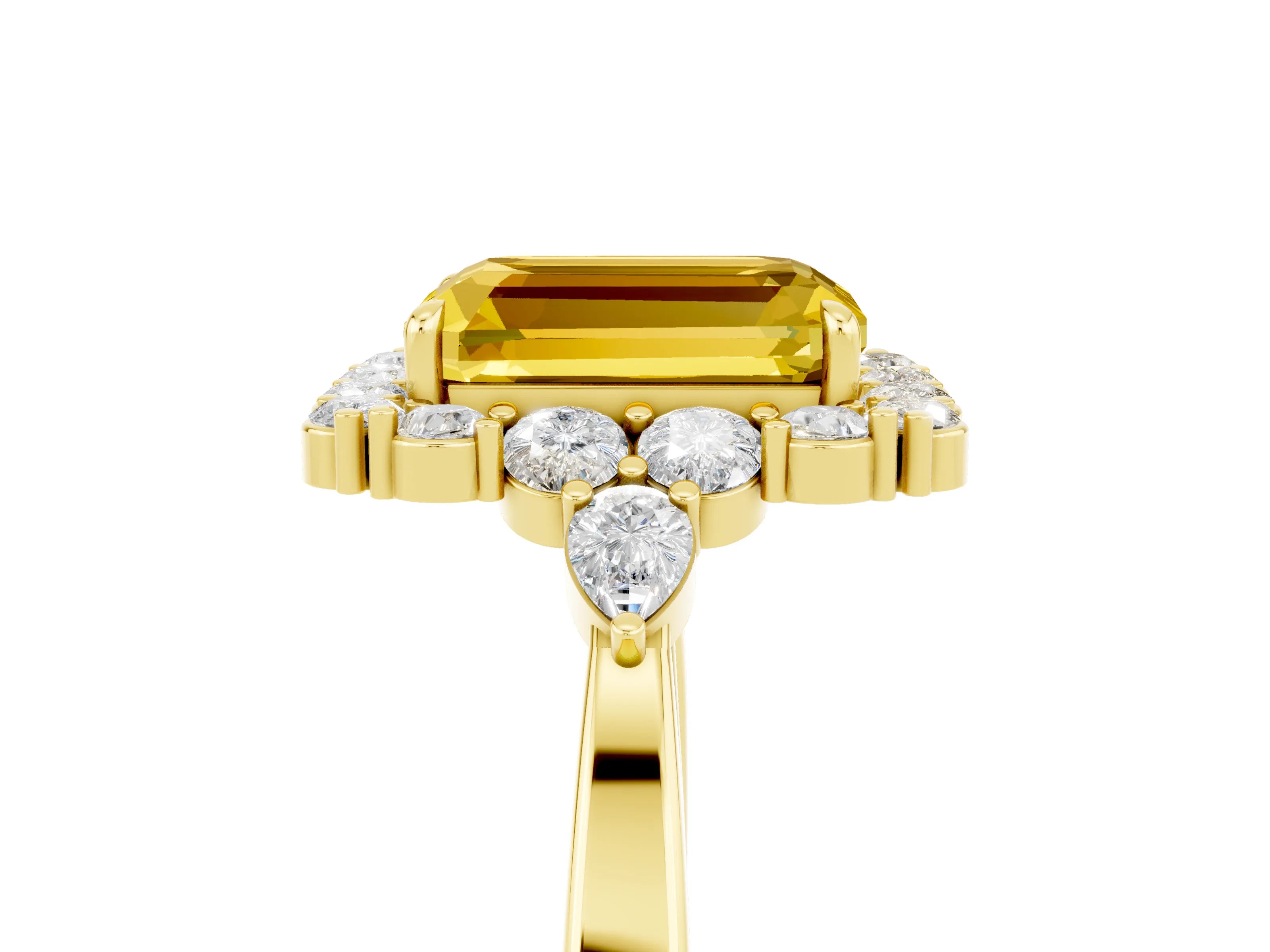 Yellow gold Emerald Cut Yellow Sapphire Halo Ring with Pear Side Stones and Prong Setting_17