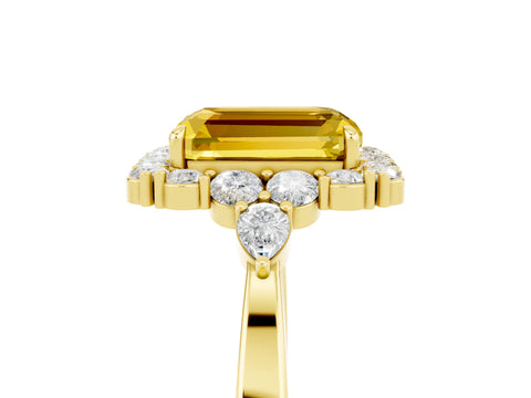 Yellow gold Emerald Cut Yellow Sapphire Halo Ring with Pear Side Stones and Prong Setting_17