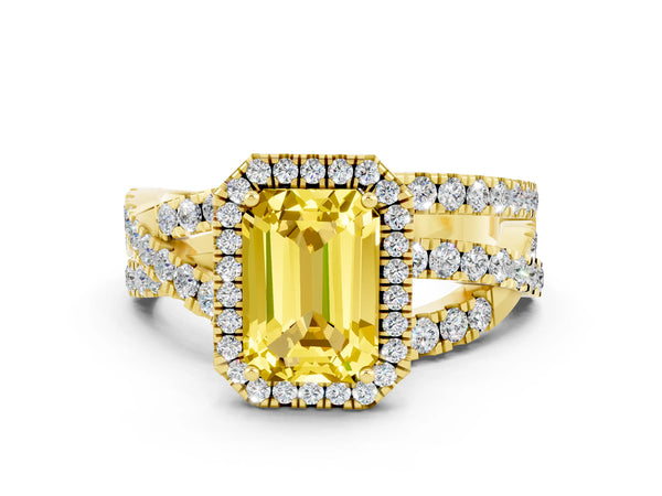 Yellow gold Emerald Cut Yellow Sapphire Halo Ring with Round Split Shank and Prong Setting