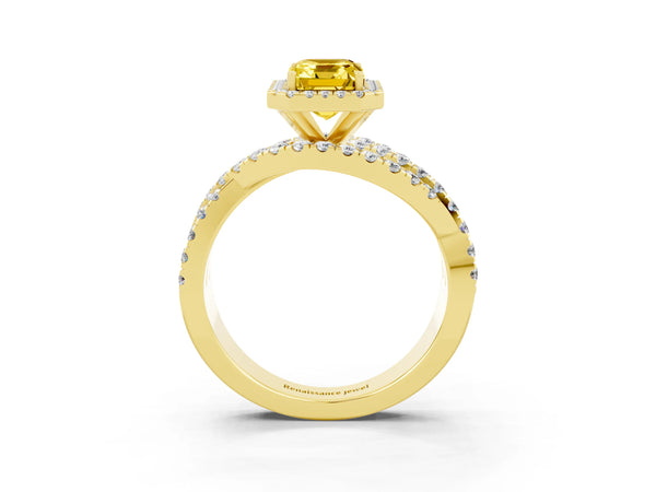 Yellow gold Emerald Cut Yellow Sapphire Halo Ring with Round Split Shank and Prong Setting