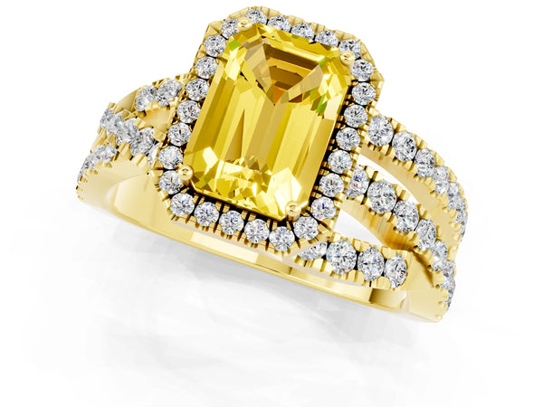 Yellow gold Emerald Cut Yellow Sapphire Halo Ring with Round Split Shank and Prong Setting