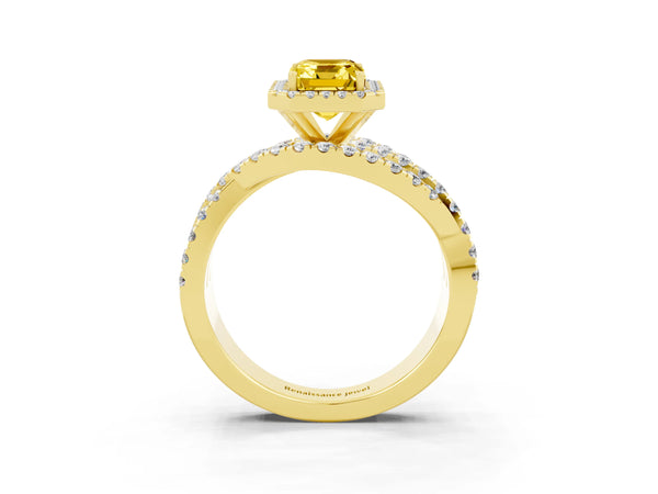 Yellow gold Emerald Cut Yellow Sapphire Halo Ring with Round Split Shank and Prong Setting