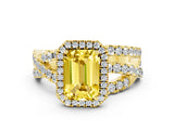 Yellow gold Emerald Cut Yellow Sapphire Halo Ring with Round Split Shank and Prong Setting_48