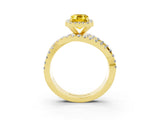 Yellow gold Emerald Cut Yellow Sapphire Halo Ring with Round Split Shank and Prong Setting_51