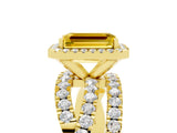Yellow gold Emerald Cut Yellow Sapphire Halo Ring with Round Split Shank and Prong Setting_53