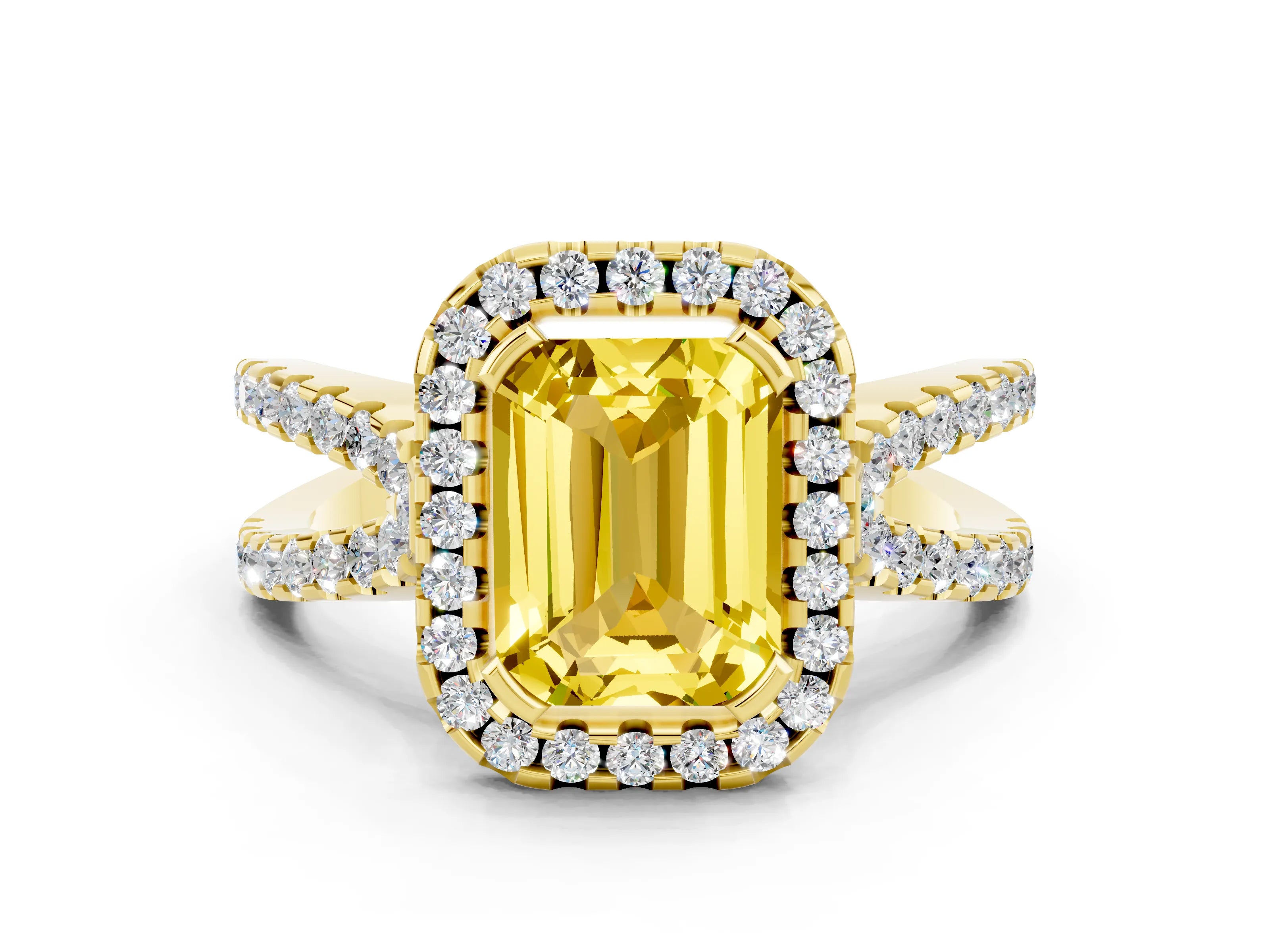 Yellow gold Emerald Cut Yellow Sapphire Halo Ring with Split Shank Pavé Band and Prong Setting_12