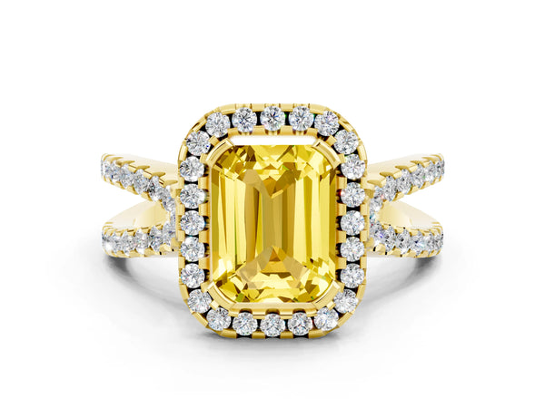 Yellow gold Emerald Cut Yellow Sapphire Halo Ring with Split Shank Pavé Band and Prong Setting
