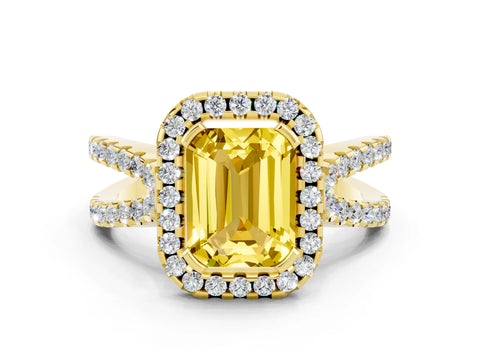 Yellow gold Emerald Cut Yellow Sapphire Halo Ring with Split Shank Pavé Band and Prong Setting_12