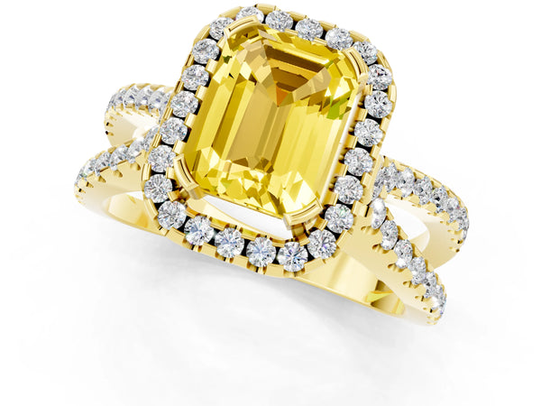 Yellow gold Emerald Cut Yellow Sapphire Halo Ring with Split Shank Pavé Band and Prong Setting
