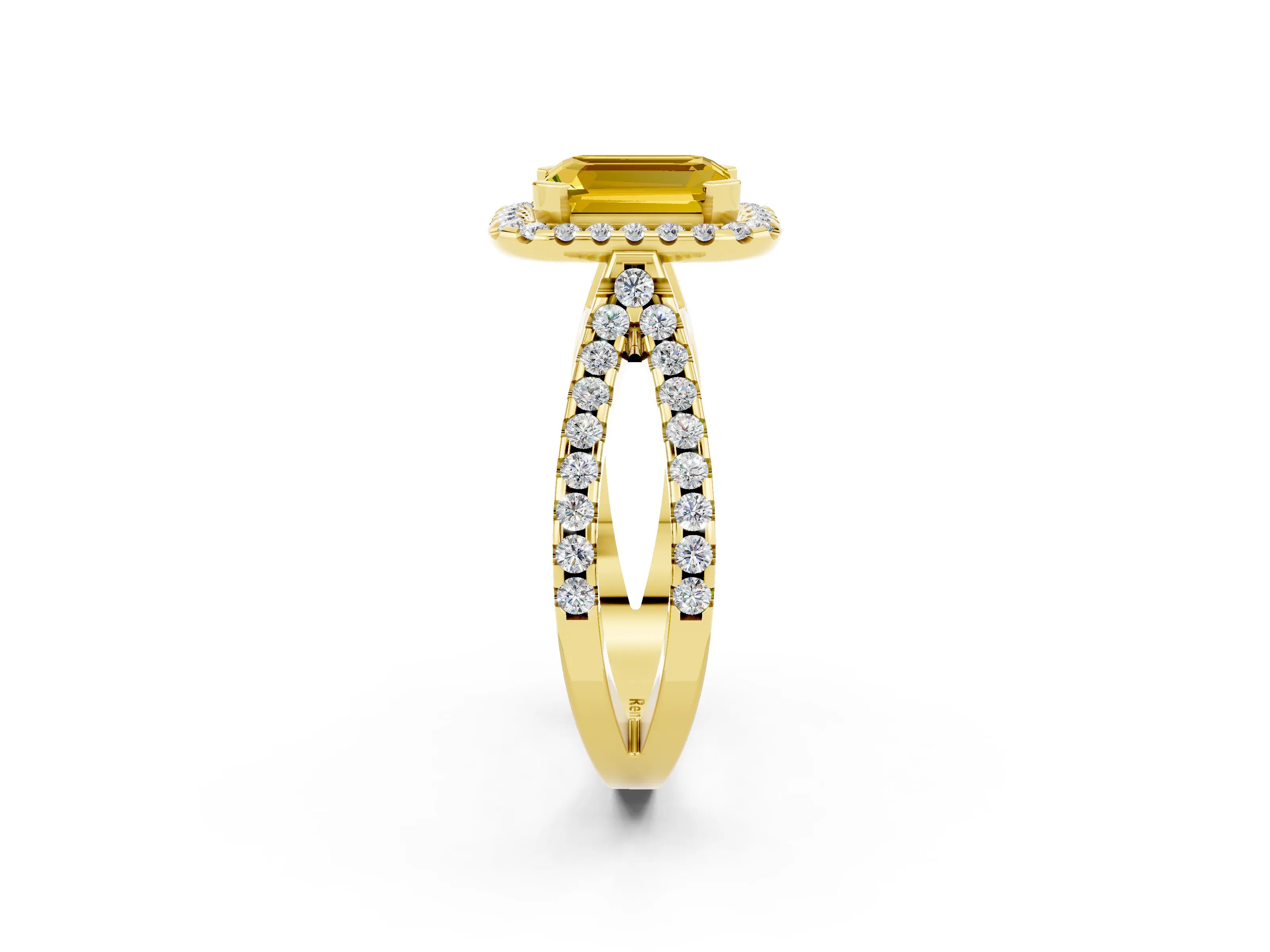 Yellow gold Emerald Cut Yellow Sapphire Halo Ring with Split Shank Pavé Band and Prong Setting_14