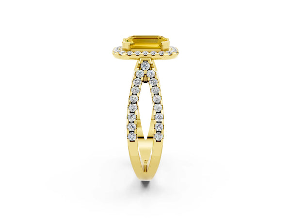 Yellow gold Emerald Cut Yellow Sapphire Halo Ring with Split Shank Pavé Band and Prong Setting
