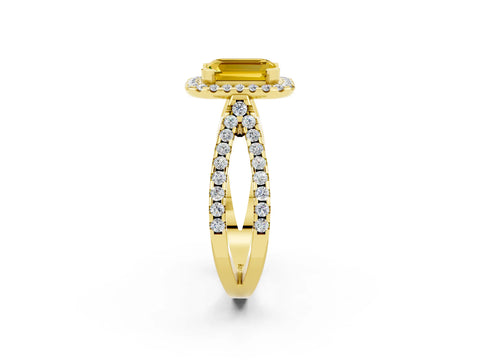 Yellow gold Emerald Cut Yellow Sapphire Halo Ring with Split Shank Pavé Band and Prong Setting_14