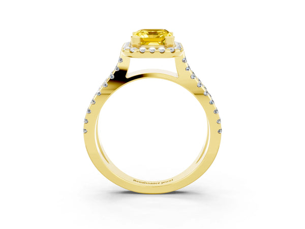 Yellow gold Emerald Cut Yellow Sapphire Halo Ring with Split Shank Pavé Band and Prong Setting
