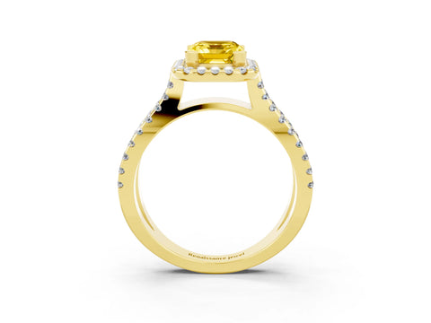 Yellow gold Emerald Cut Yellow Sapphire Halo Ring with Split Shank Pavé Band and Prong Setting_15