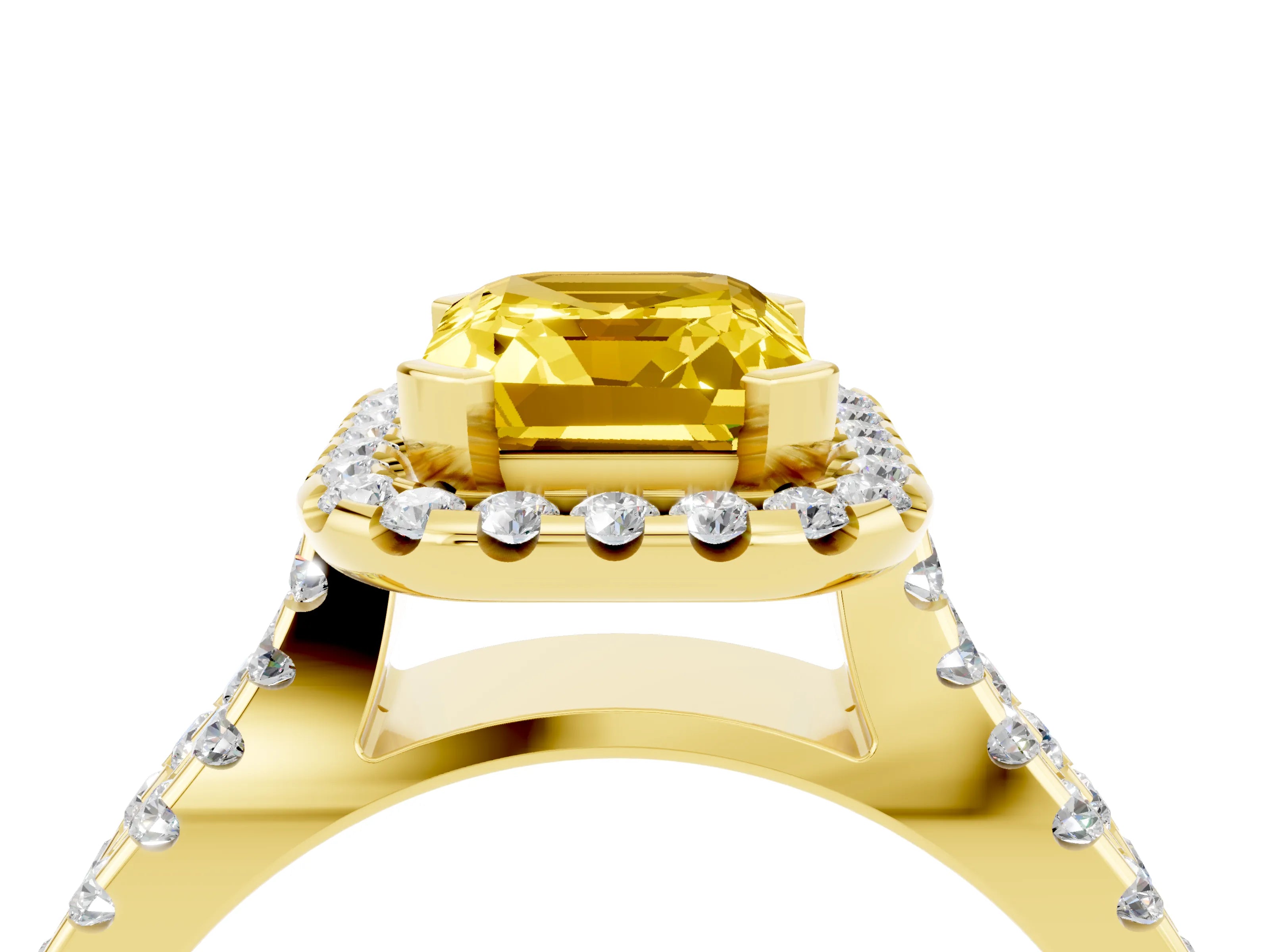 Yellow gold Emerald Cut Yellow Sapphire Halo Ring with Split Shank Pavé Band and Prong Setting_16