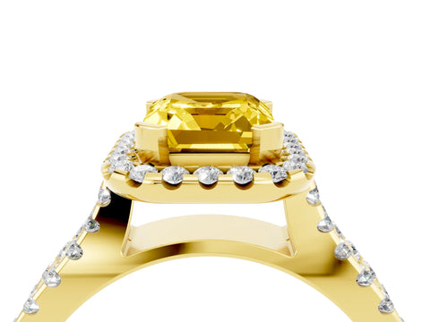 Yellow gold Emerald Cut Yellow Sapphire Halo Ring with Split Shank Pavé Band and Prong Setting_16