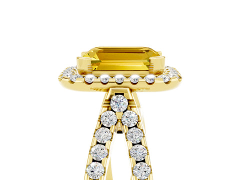 Yellow gold Emerald Cut Yellow Sapphire Halo Ring with Split Shank Pavé Band and Prong Setting_17
