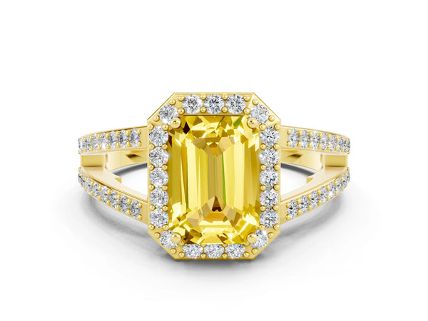 Yellow gold Emerald Cut Yellow Sapphire Halo Ring with Split Shank U-Prong Band and Four-Prong Setting