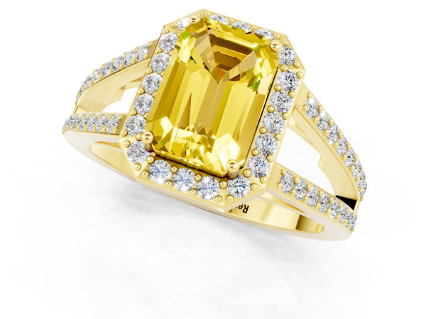 Yellow gold Emerald Cut Yellow Sapphire Halo Ring with Split Shank U-Prong Band and Four-Prong Setting