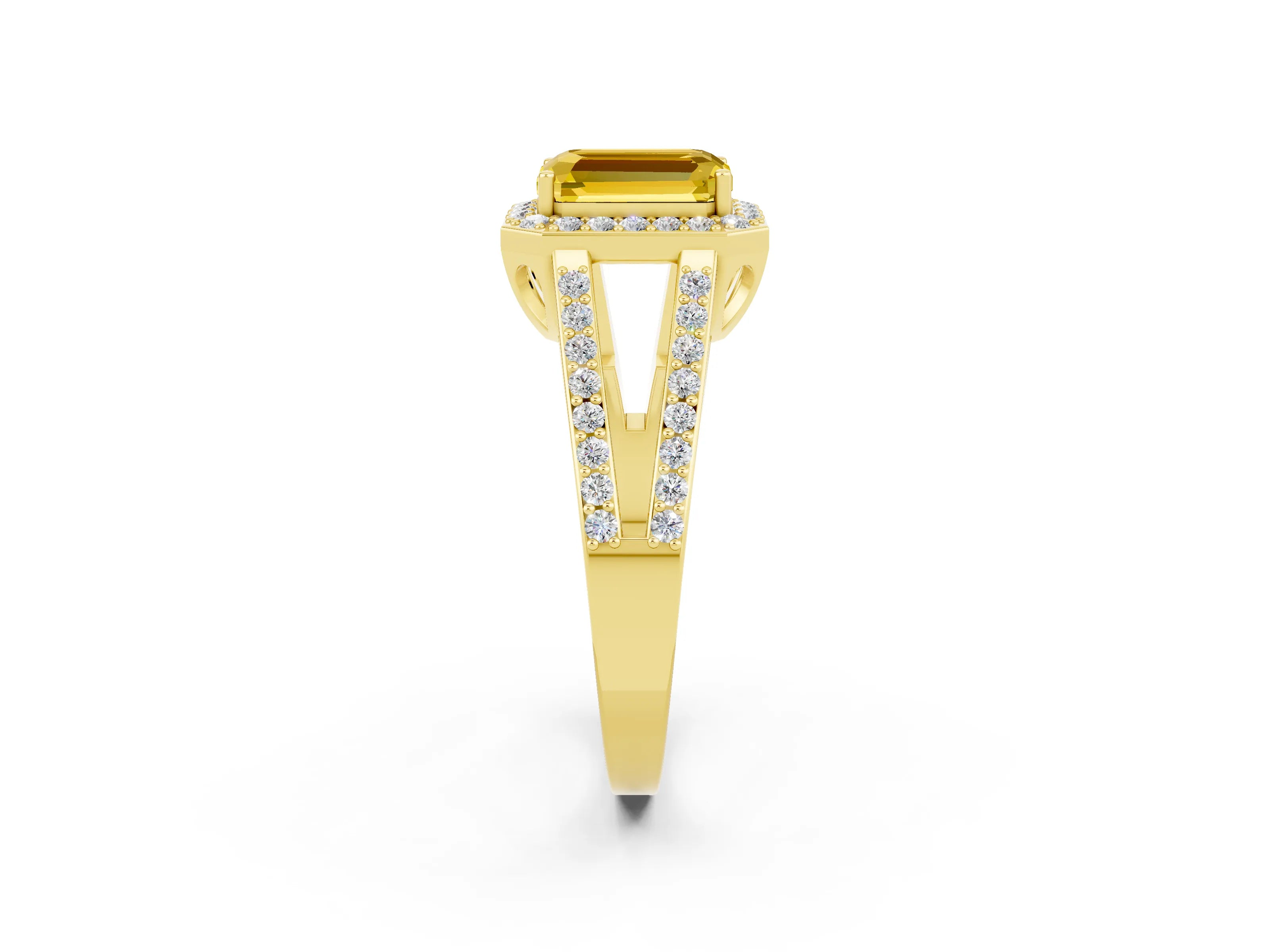 Yellow gold Emerald Cut Yellow Sapphire Halo Ring with Split Shank U-Prong Band and Four-Prong Setting_2