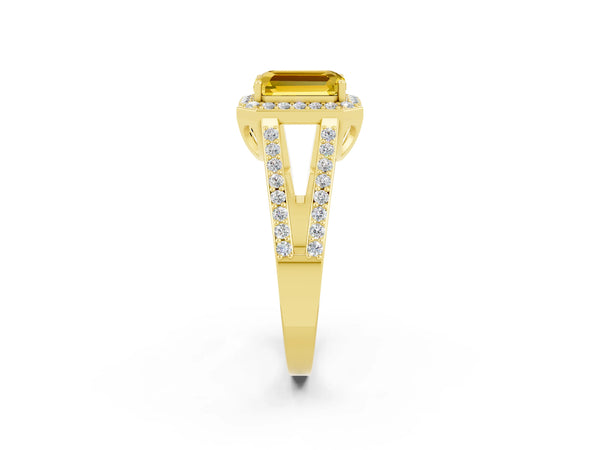 Yellow gold Emerald Cut Yellow Sapphire Halo Ring with Split Shank U-Prong Band and Four-Prong Setting