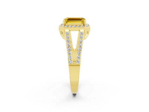 Yellow gold Emerald Cut Yellow Sapphire Halo Ring with Split Shank U-Prong Band and Four-Prong Setting_2