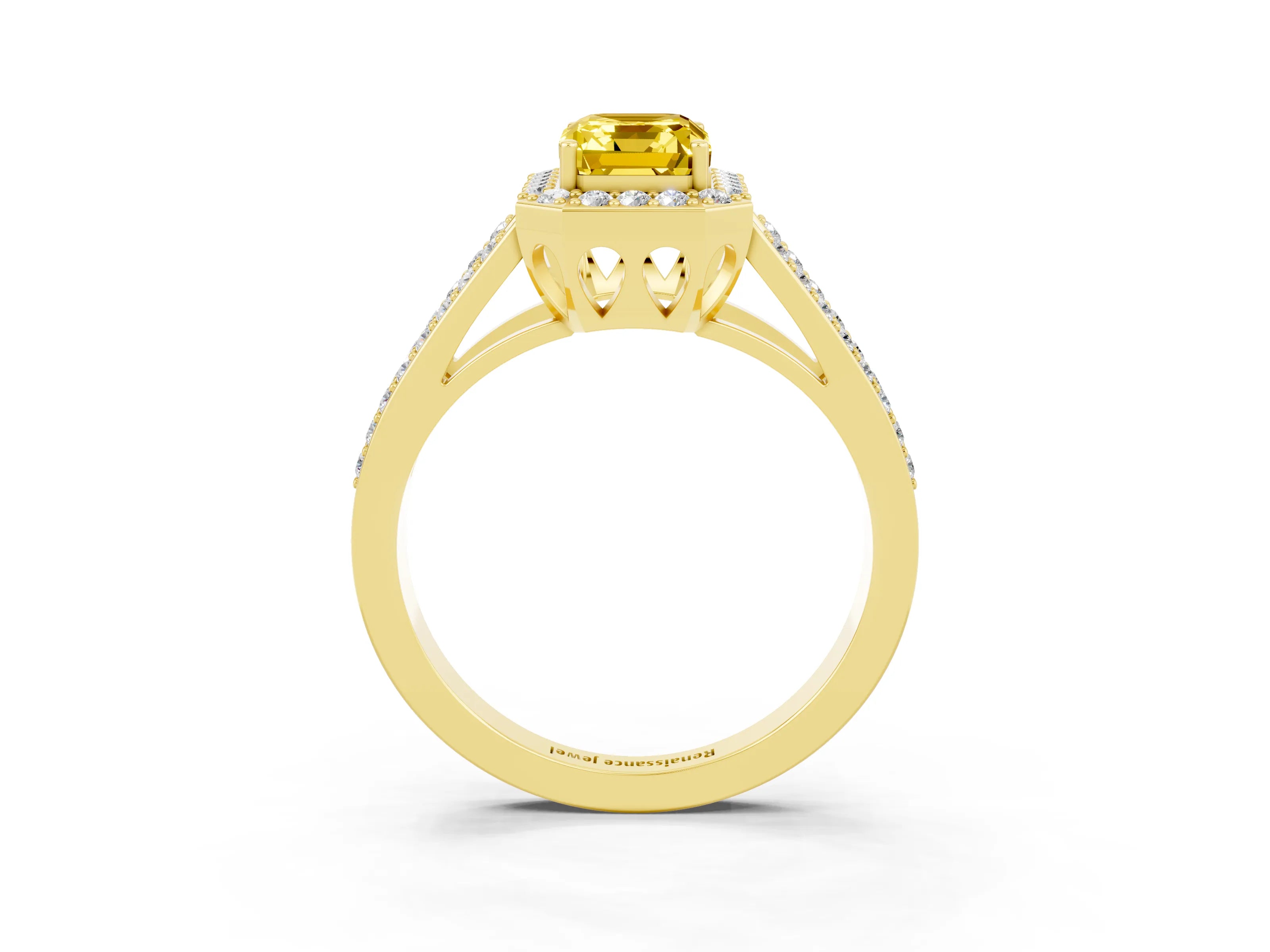 Yellow gold Emerald Cut Yellow Sapphire Halo Ring with Split Shank U-Prong Band and Four-Prong Setting_3