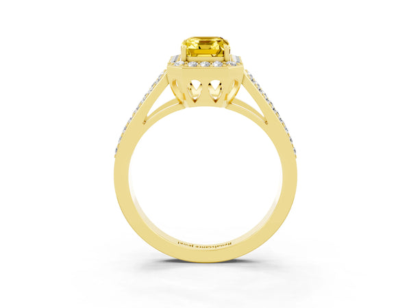Yellow gold Emerald Cut Yellow Sapphire Halo Ring with Split Shank U-Prong Band and Four-Prong Setting