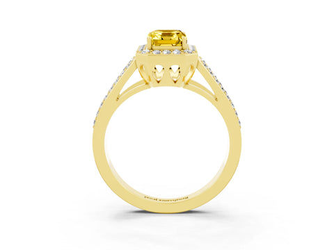 Yellow gold Emerald Cut Yellow Sapphire Halo Ring with Split Shank U-Prong Band and Four-Prong Setting_3