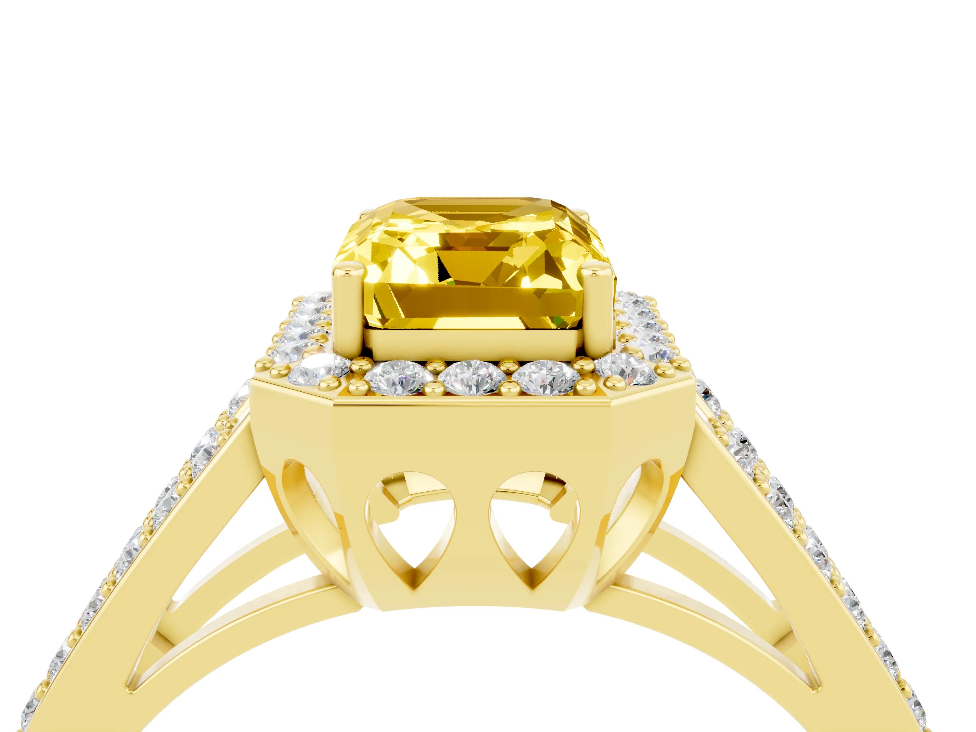 Yellow gold Emerald Cut Yellow Sapphire Halo Ring with Split Shank U-Prong Band and Four-Prong Setting_4
