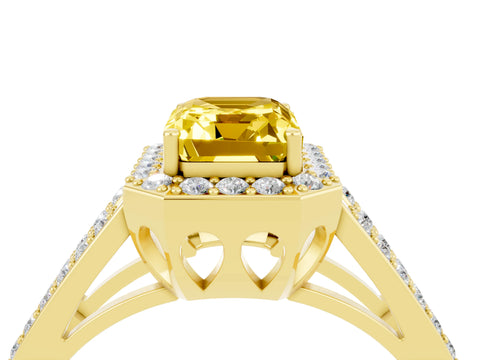 Yellow gold Emerald Cut Yellow Sapphire Halo Ring with Split Shank U-Prong Band and Four-Prong Setting_4