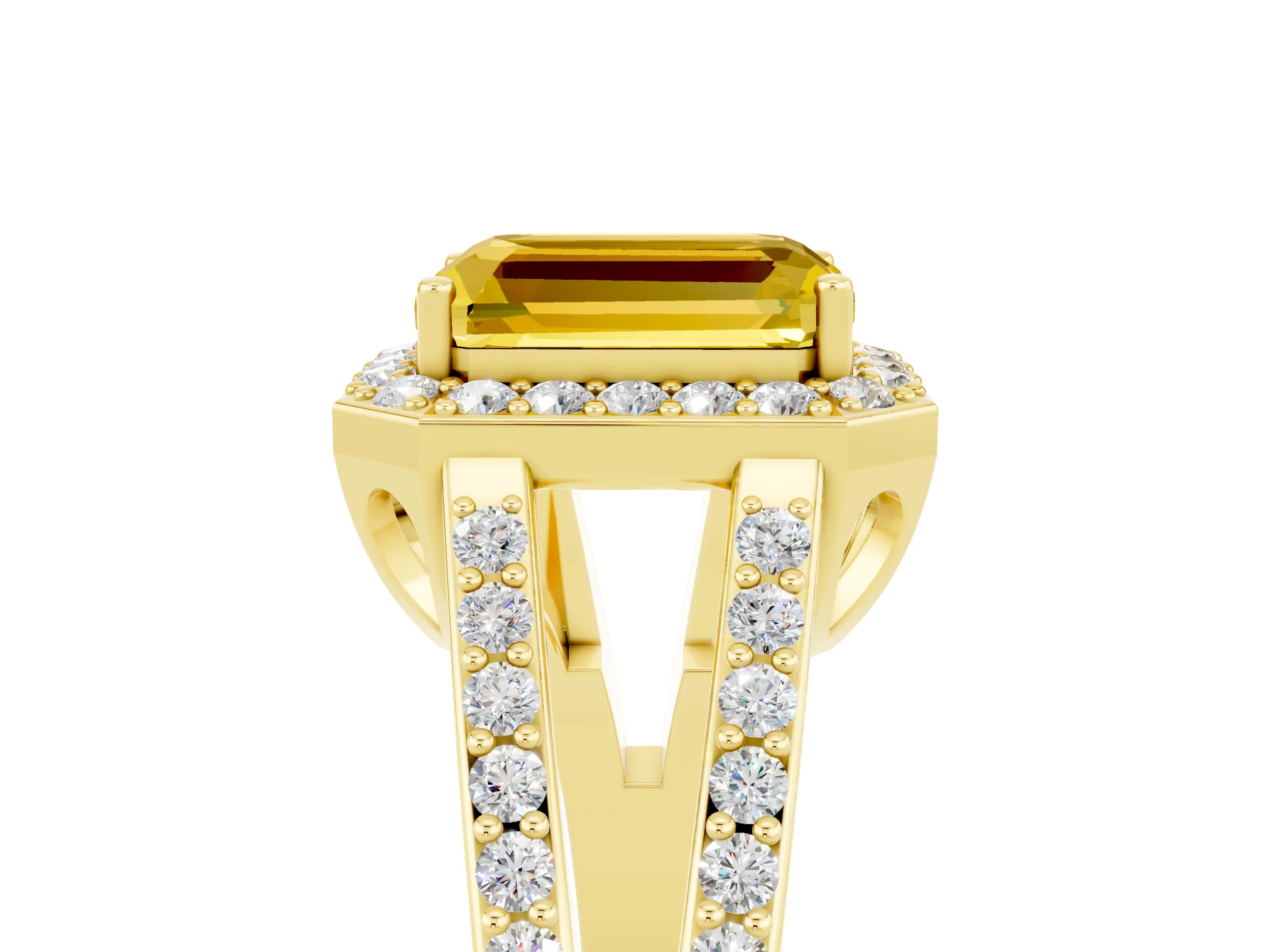 Yellow gold Emerald Cut Yellow Sapphire Halo Ring with Split Shank U-Prong Band and Four-Prong Setting_5