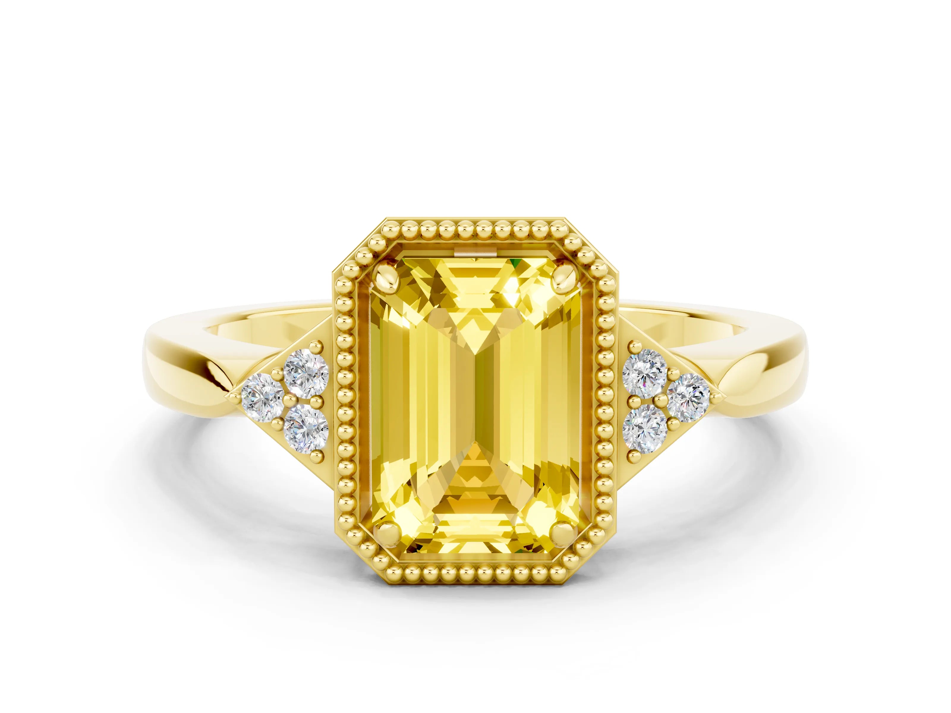Yellow gold Emerald Cut Yellow Sapphire Halo Ring with Tapered Band and Four-Prong Setting