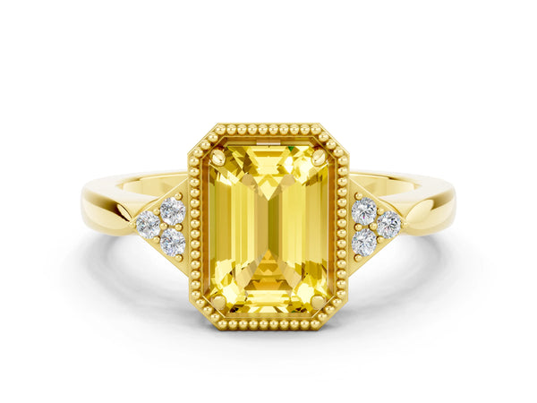 Yellow gold Emerald Cut Yellow Sapphire Halo Ring with Tapered Band and Four-Prong Setting