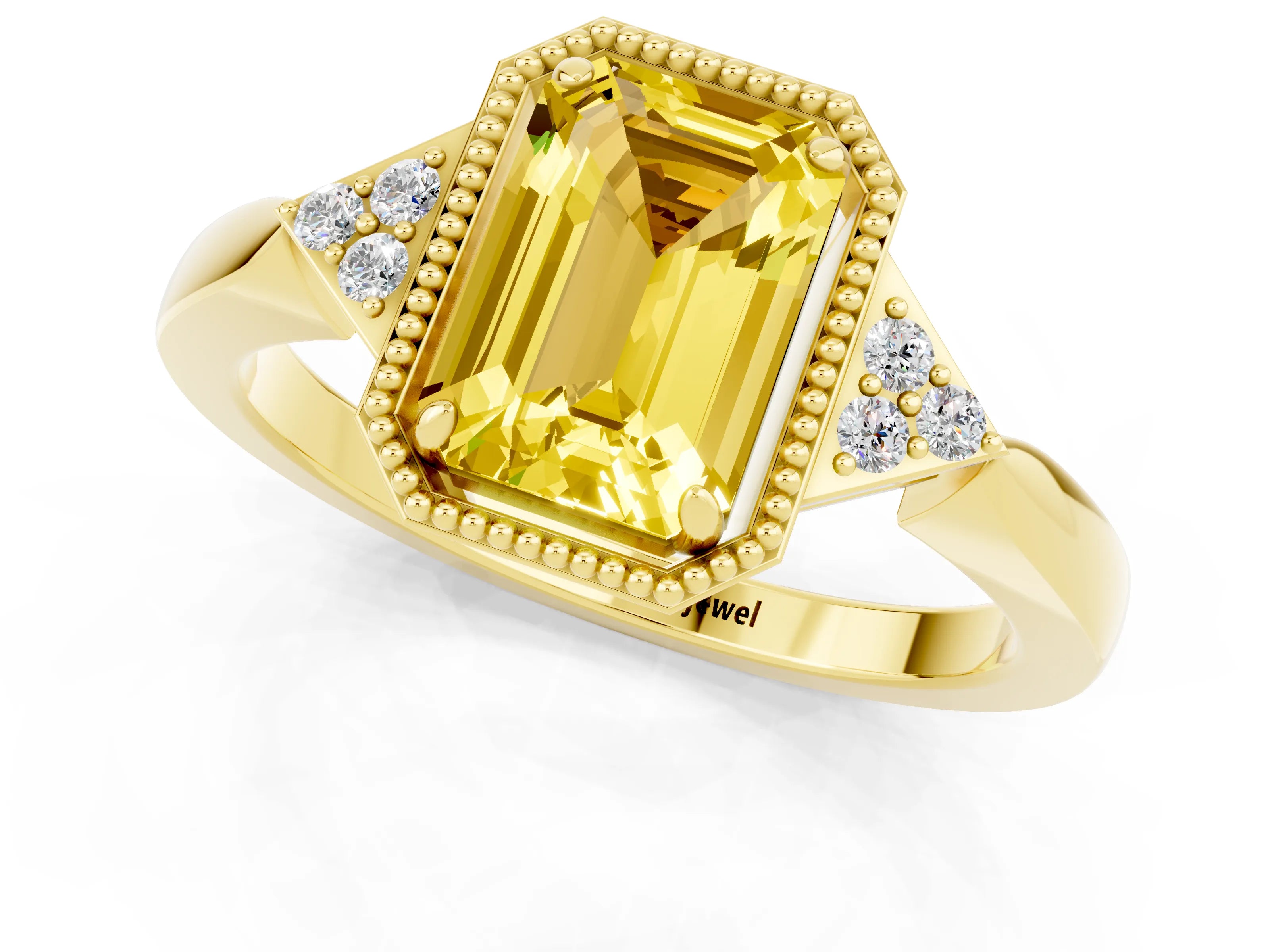 Yellow gold Emerald Cut Yellow Sapphire Halo Ring with Tapered Band and Four-Prong Setting_1