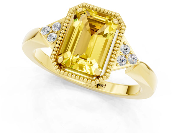 Yellow gold Emerald Cut Yellow Sapphire Halo Ring with Tapered Band and Four-Prong Setting