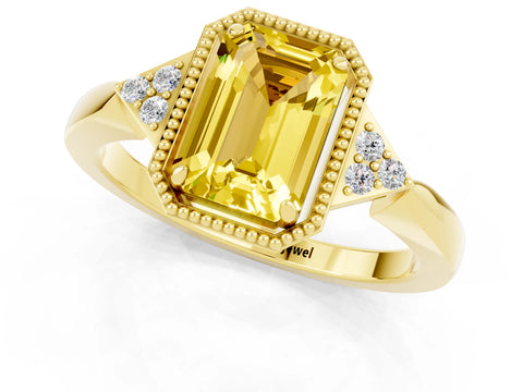 Yellow gold Emerald Cut Yellow Sapphire Halo Ring with Tapered Band and Four-Prong Setting_1