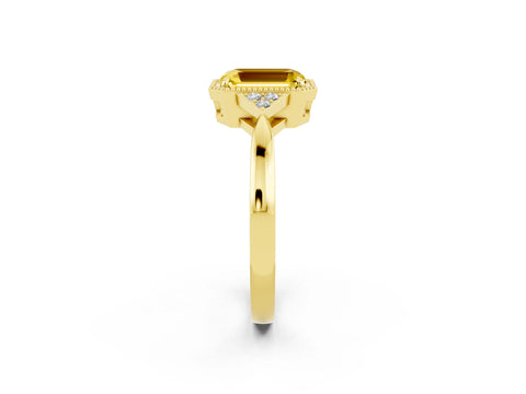 Yellow gold Emerald Cut Yellow Sapphire Halo Ring with Tapered Band and Four-Prong Setting_2