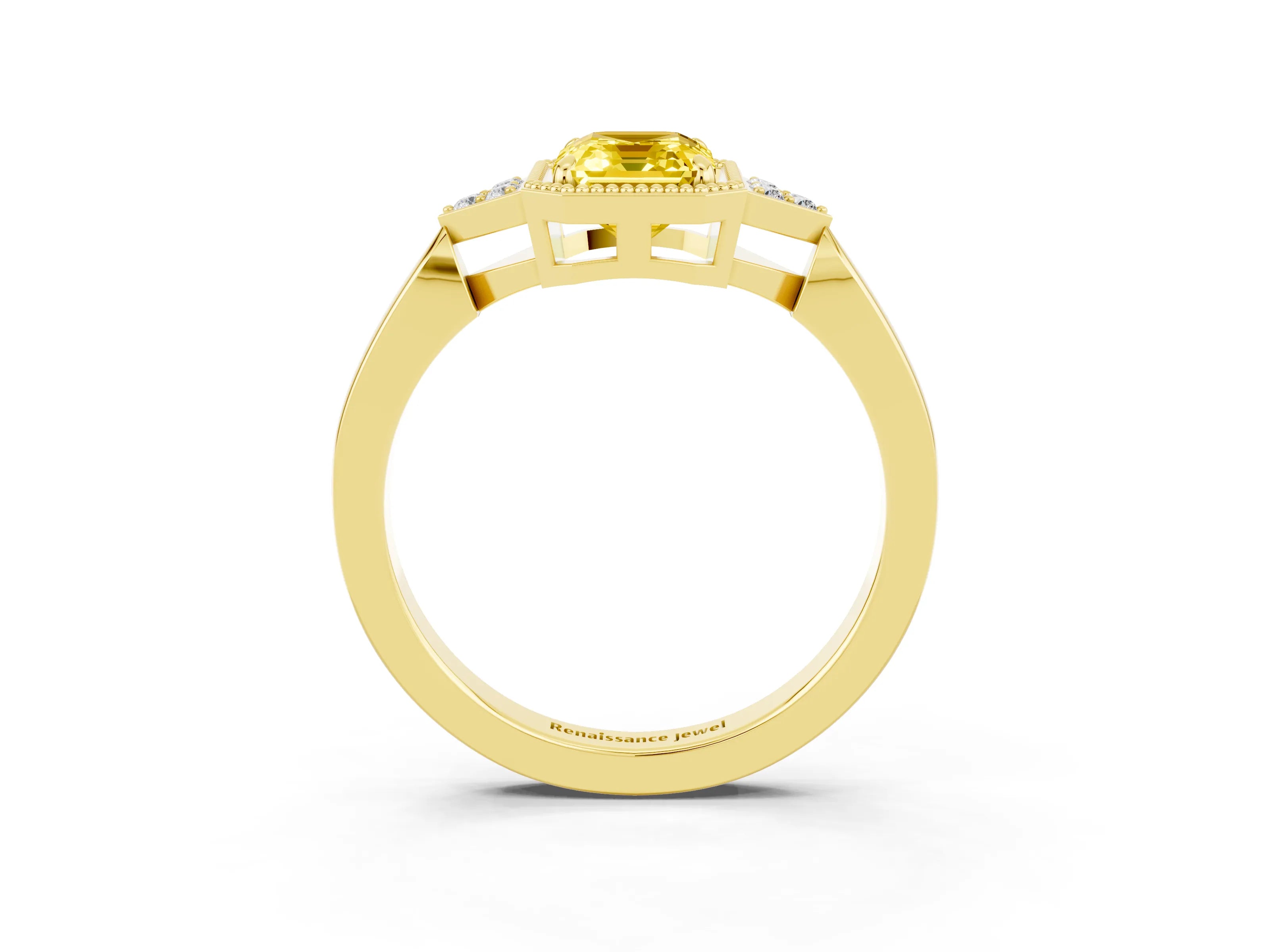 Yellow gold Emerald Cut Yellow Sapphire Halo Ring with Tapered Band and Four-Prong Setting_3