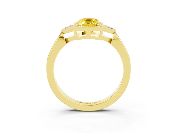 Yellow gold Emerald Cut Yellow Sapphire Halo Ring with Tapered Band and Four-Prong Setting