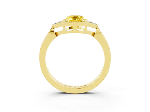 Yellow gold Emerald Cut Yellow Sapphire Halo Ring with Tapered Band and Four-Prong Setting_3