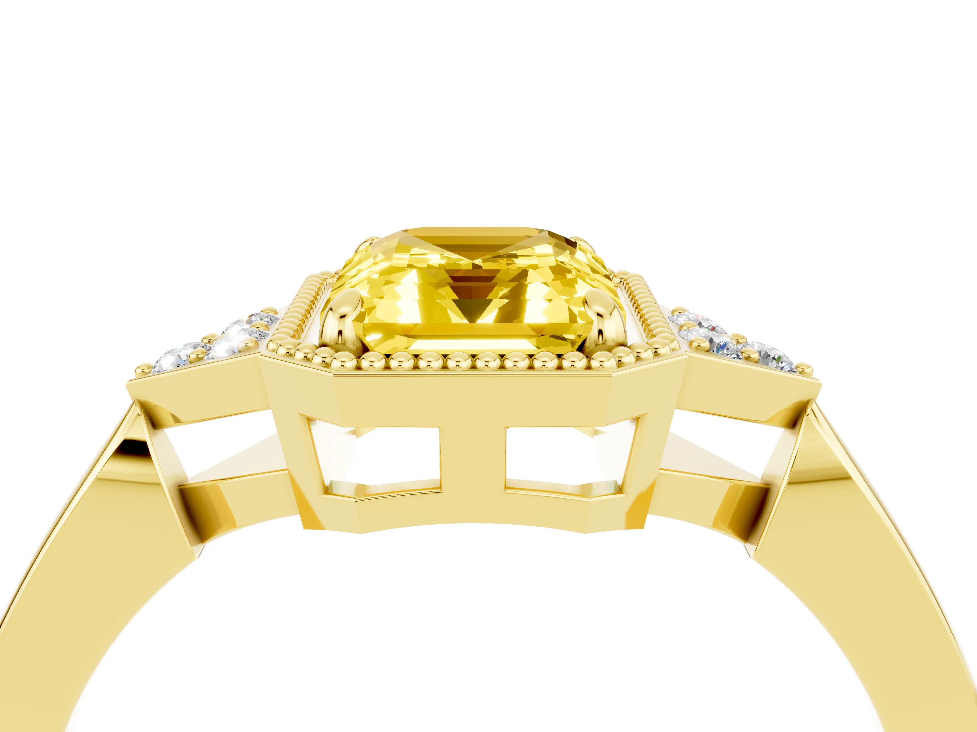 Yellow gold Emerald Cut Yellow Sapphire Halo Ring with Tapered Band and Four-Prong Setting_4