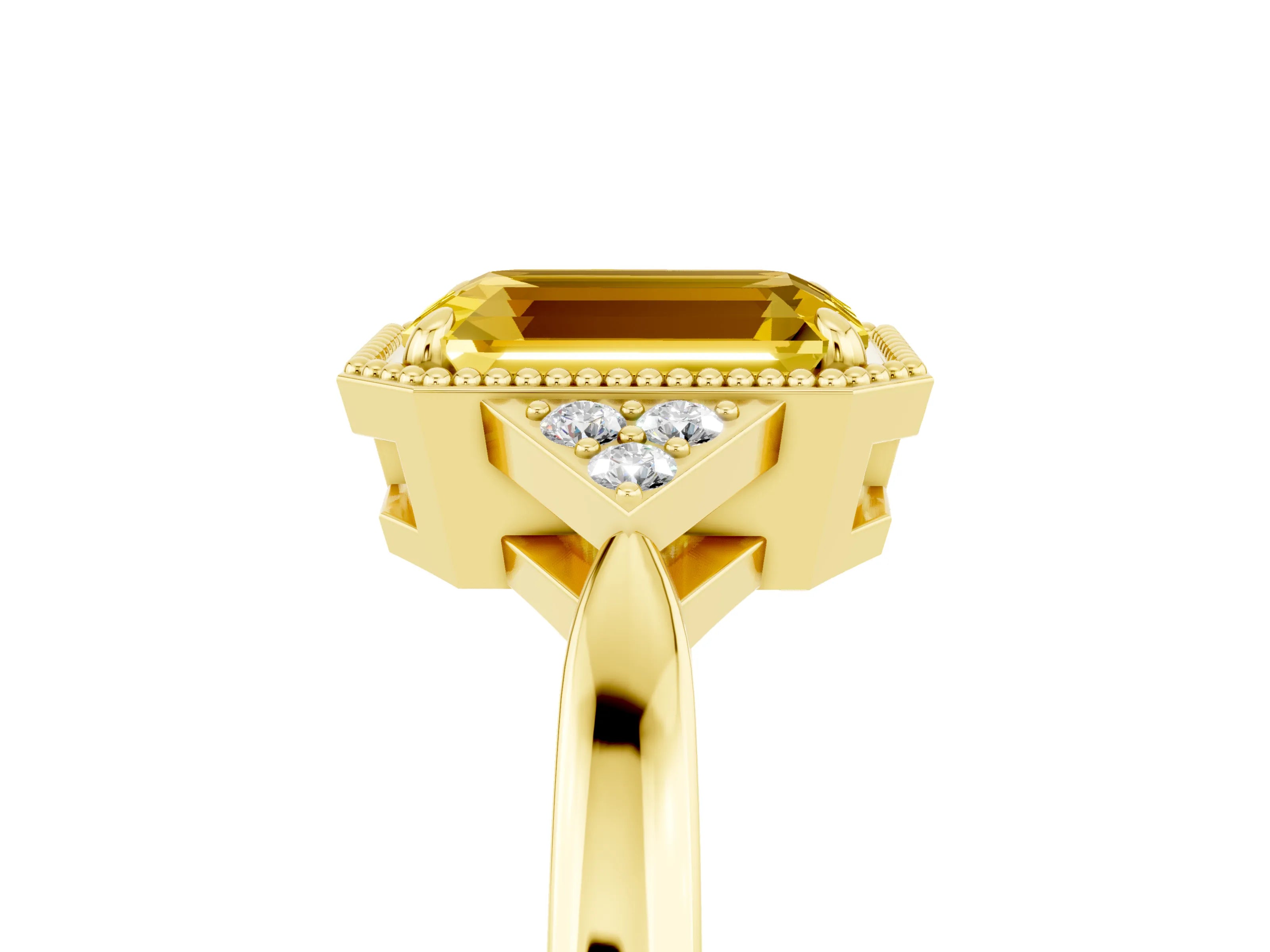 Yellow gold Emerald Cut Yellow Sapphire Halo Ring with Tapered Band and Four-Prong Setting_5