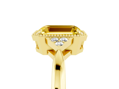 Yellow gold Emerald Cut Yellow Sapphire Halo Ring with Tapered Band and Four-Prong Setting_5